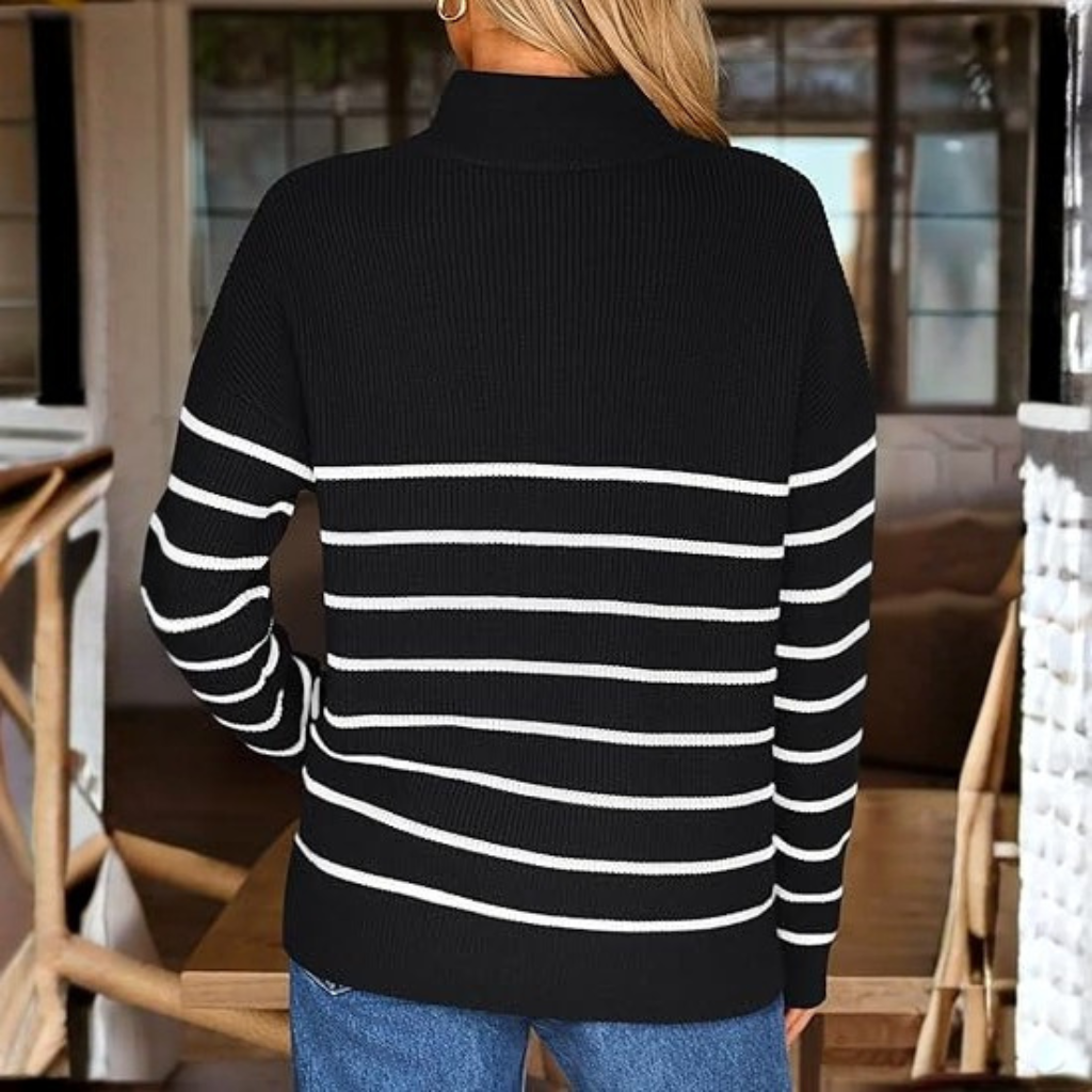 Quarter Zip Striped Design Oversized Sweater For Women - Image 6