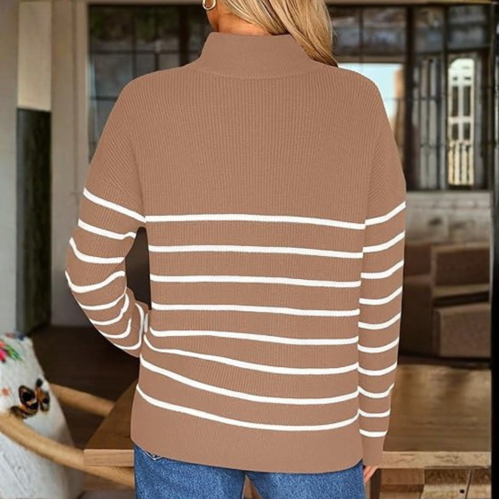 Quarter Zip Striped Design Oversized Sweater For Women - Image 2