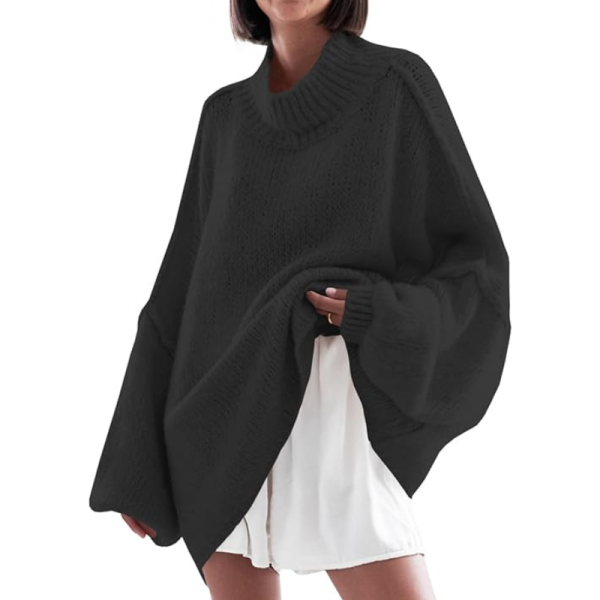 Oversized Ribbed Casual Sweater With Long Batwing Sleeve For Women