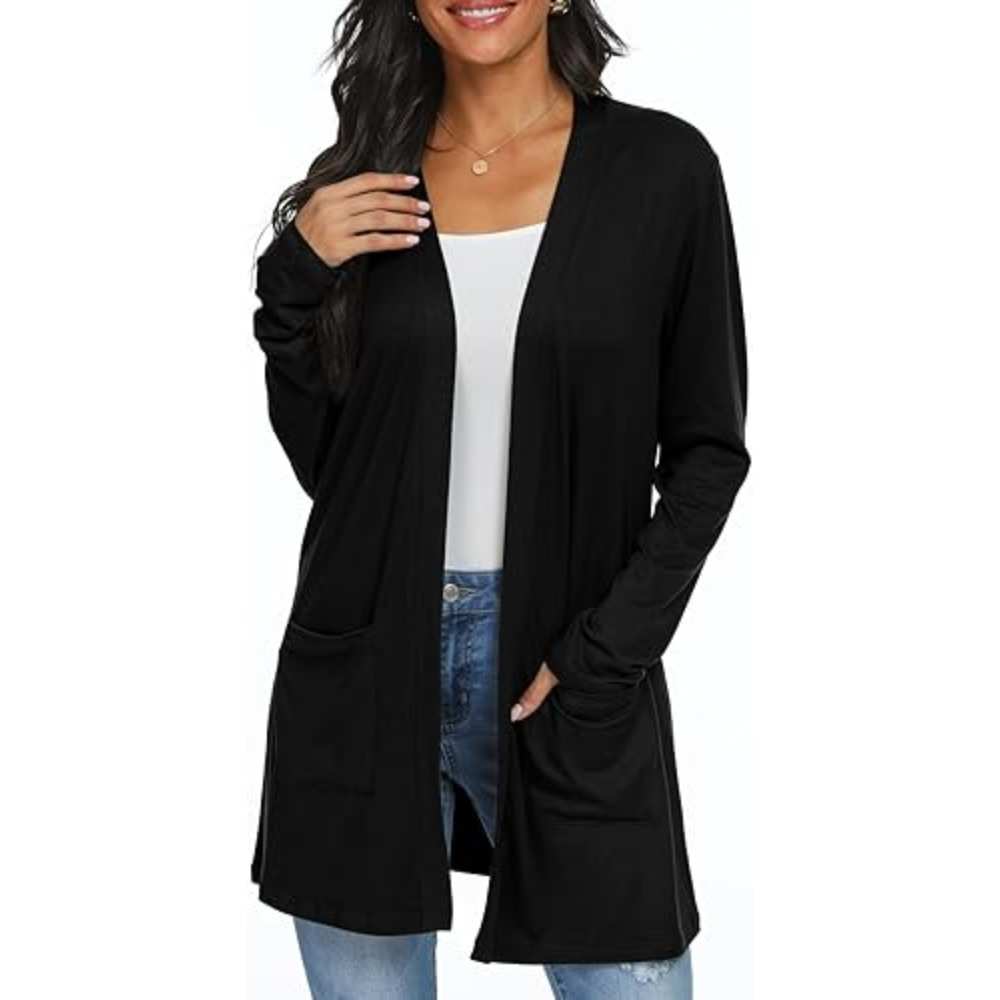 Lightweight Casual Open Front Long Cardigan With Pockets