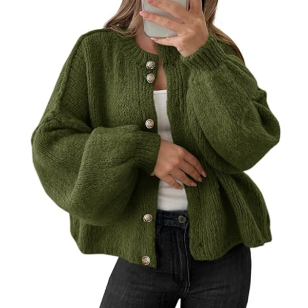 Oversized Button Up Knit Cardigan With Lantern Sleeves