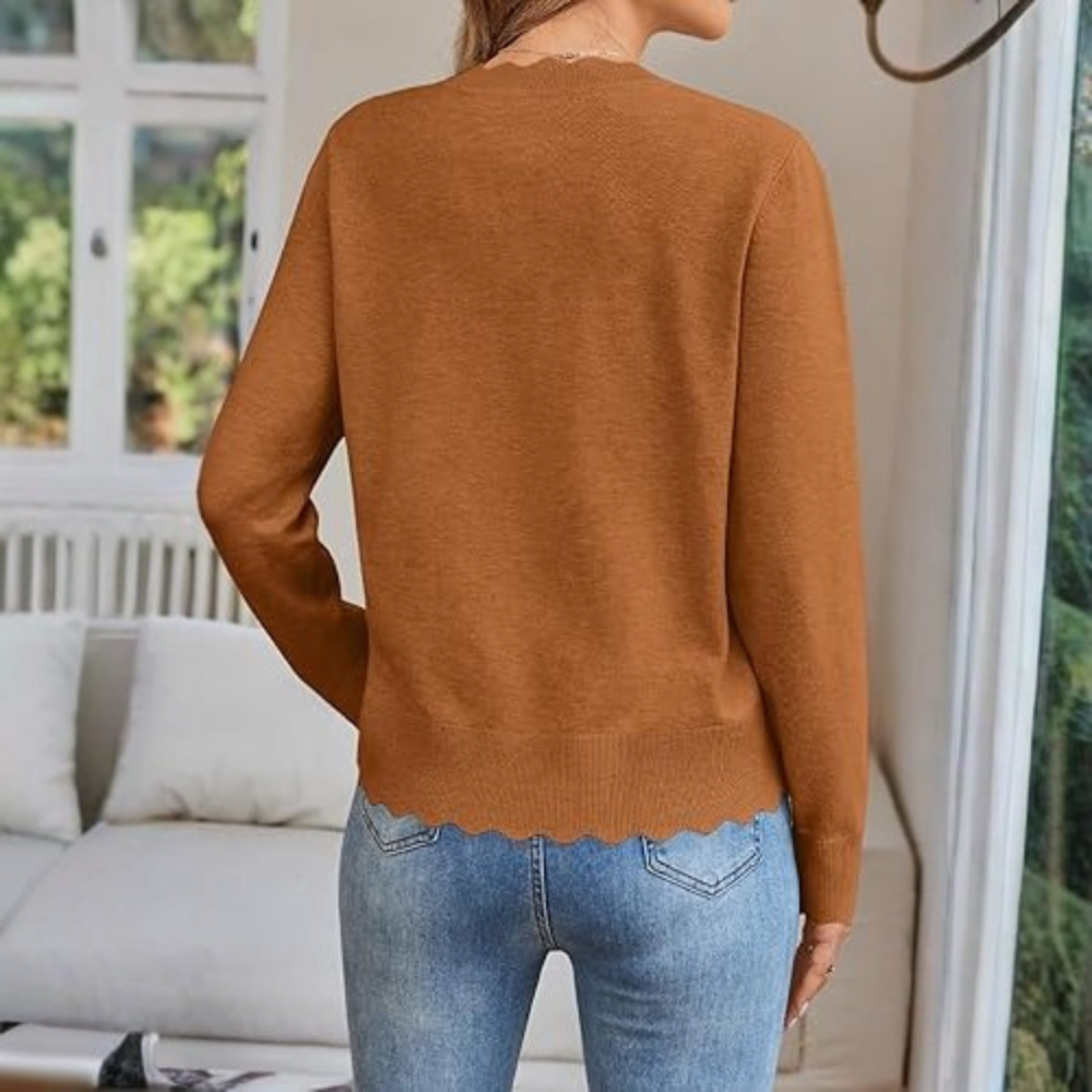 Lightweight Button Down Knit Cardigan With Scallop Trim - Image 17