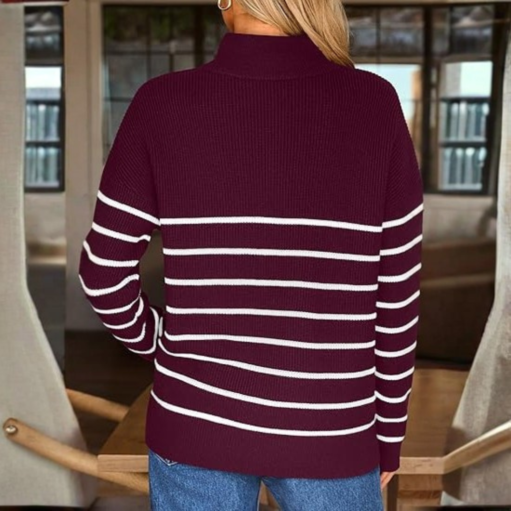 Quarter Zip Striped Design Oversized Sweater For Women - Image 11