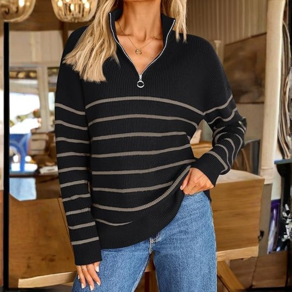 Quarter Zip Striped Design Oversized Sweater For Women - Image 16