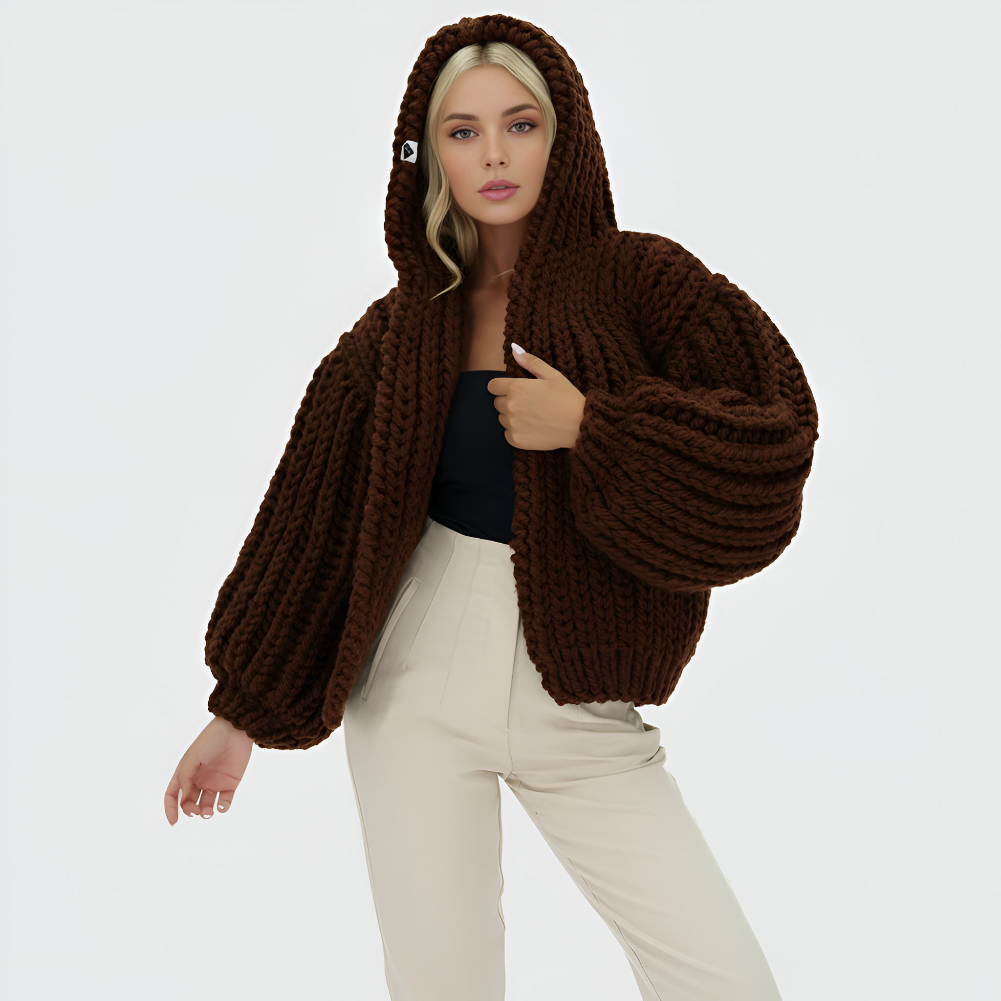 Oversized Cable Knit Hooded Open Front Cardigan For Women - Image 6