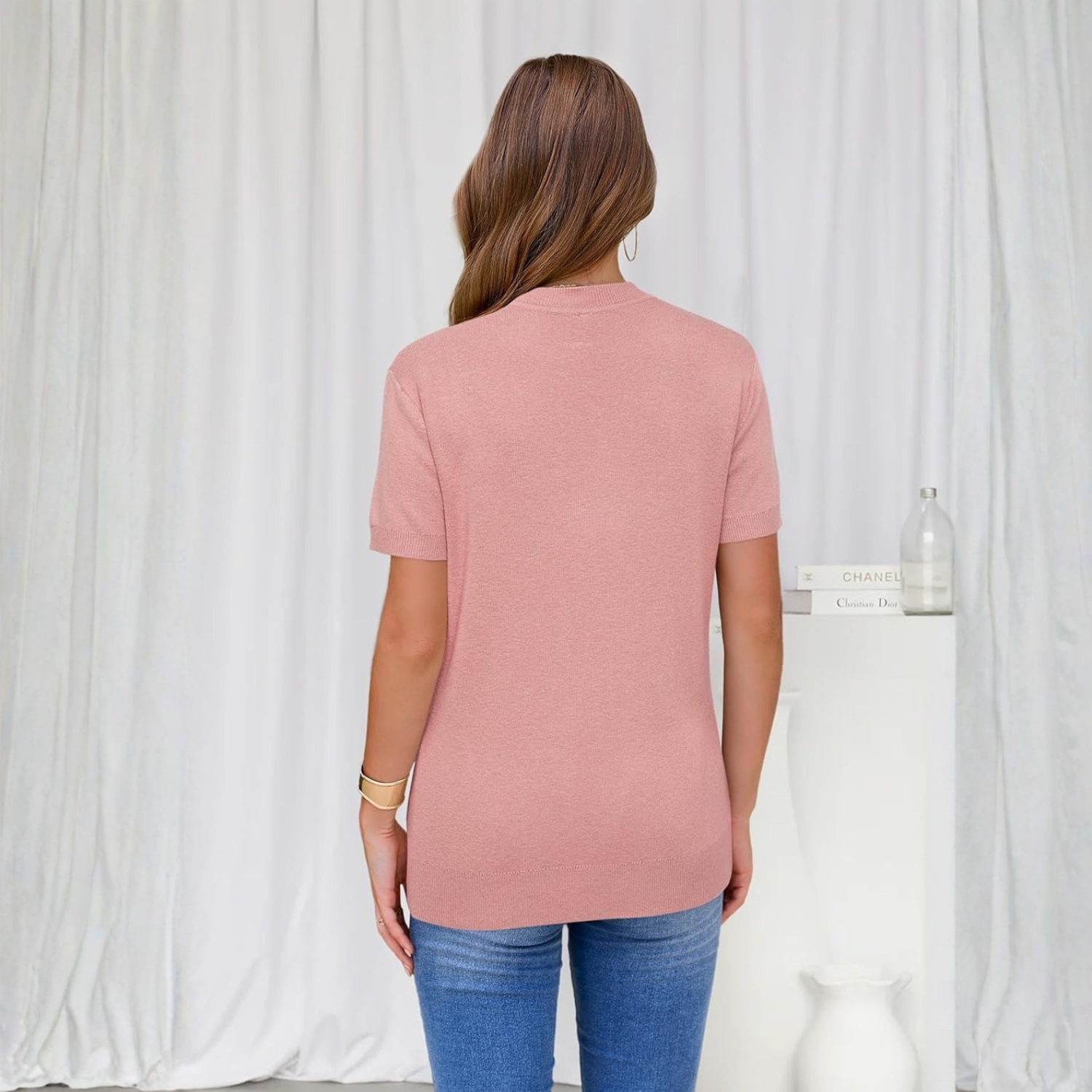 Women Lightweight Wool Blend Short Sleeve Sweater Top Business Casual - Image 7