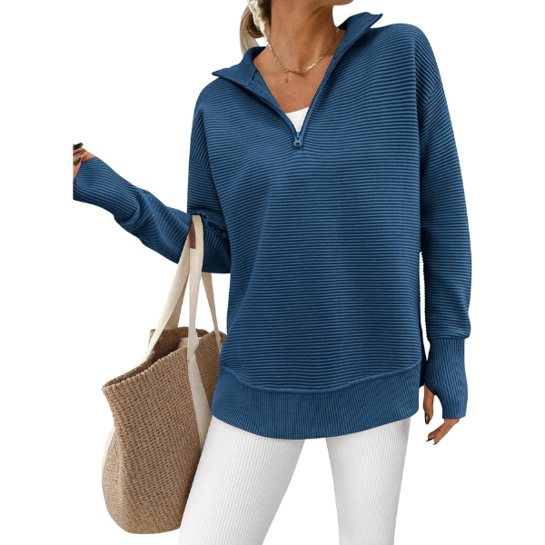 Casual Long Sleeve Quarter Knit Zip Up Sweater Top For Women - Image 3