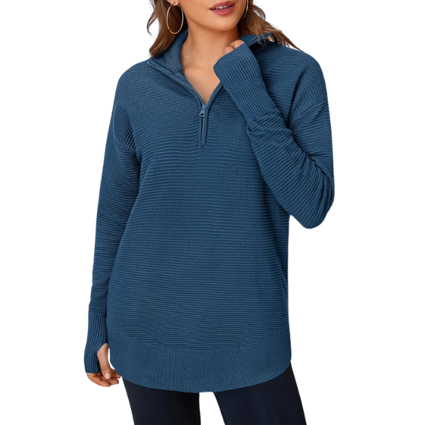 Casual Long Sleeve Quarter Knit Zip Up Sweater Top For Women - Image 4