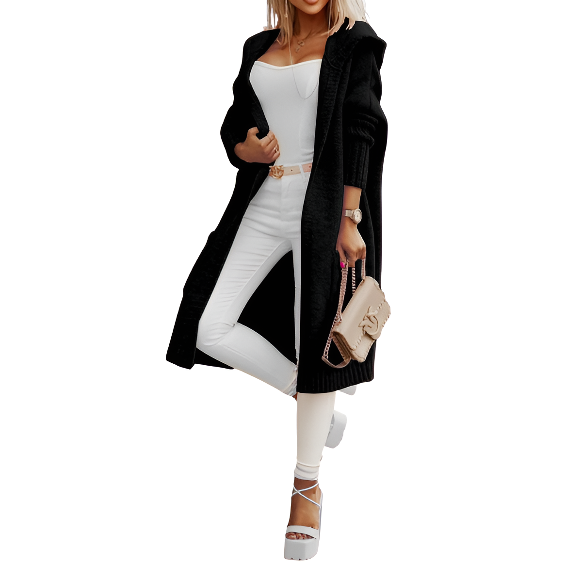 Long Knitted Hooded Cardigan With Open Front For Women - Image 18