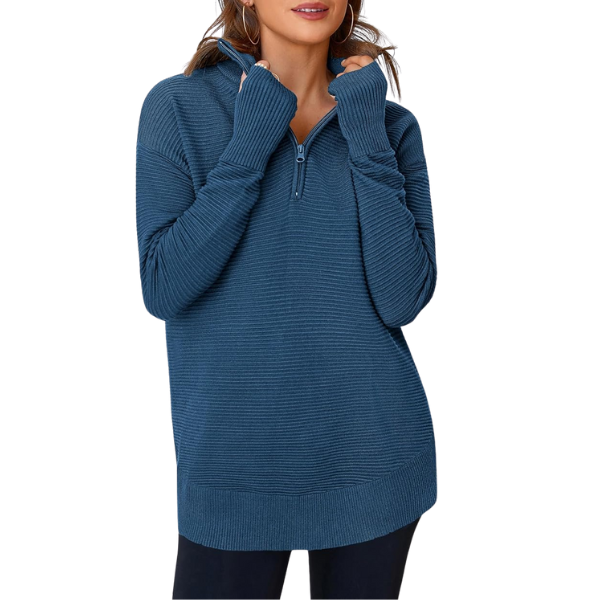 Casual Long Sleeve Quarter Knit Zip Up Sweater Top For Women - Image 2