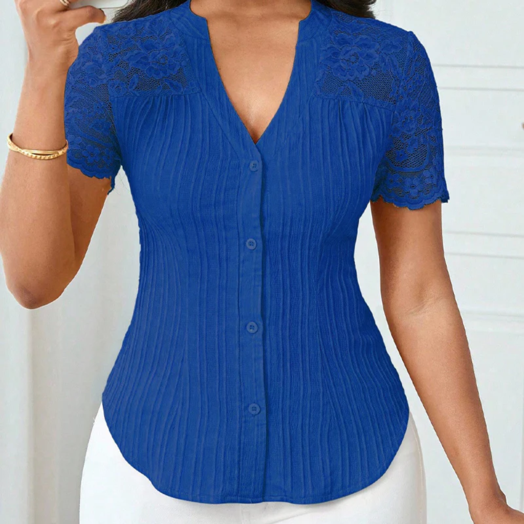 Ribbed Knit Button Down Top With Lace Sleeves - Image 9
