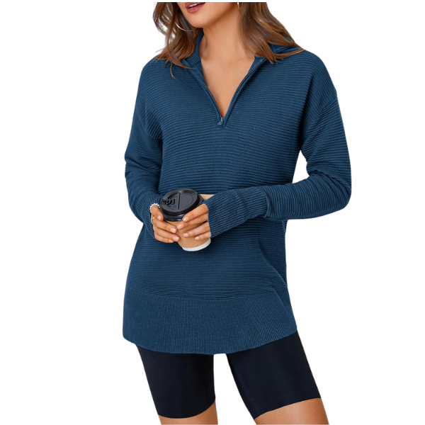 Casual Long Sleeve Quarter Knit Zip Up Sweater Top For Women - Image 5