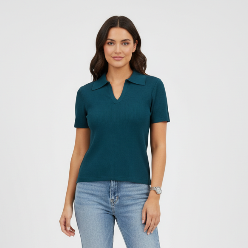 Short Sleeve Polo Design Sweater Top For Women - Image 6
