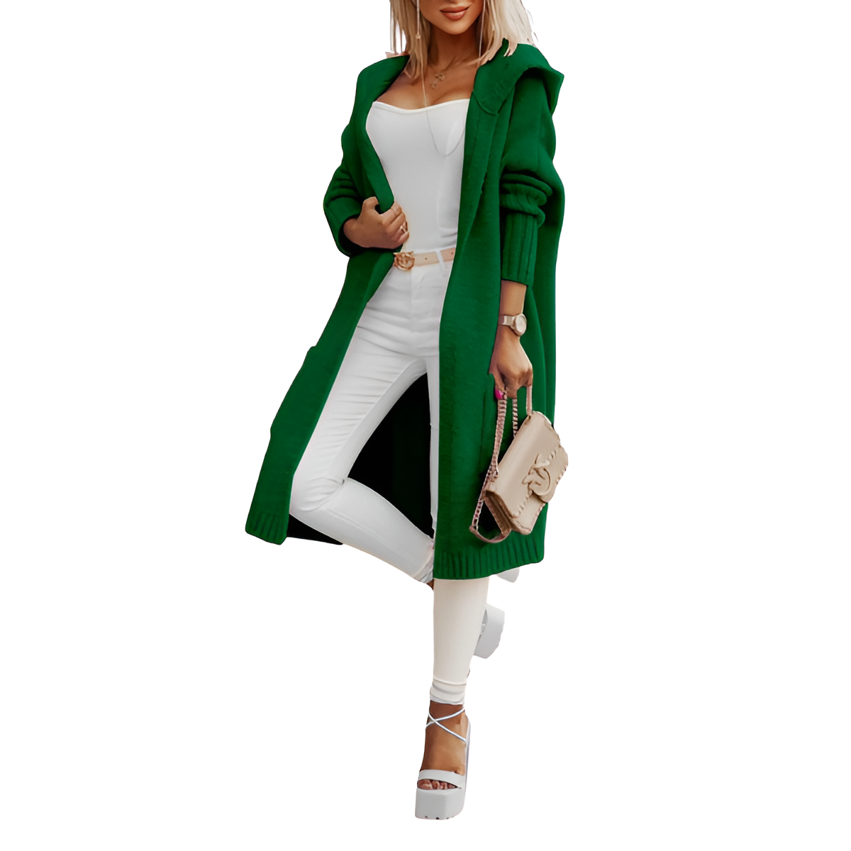 Long Knitted Hooded Cardigan With Open Front For Women - Image 15