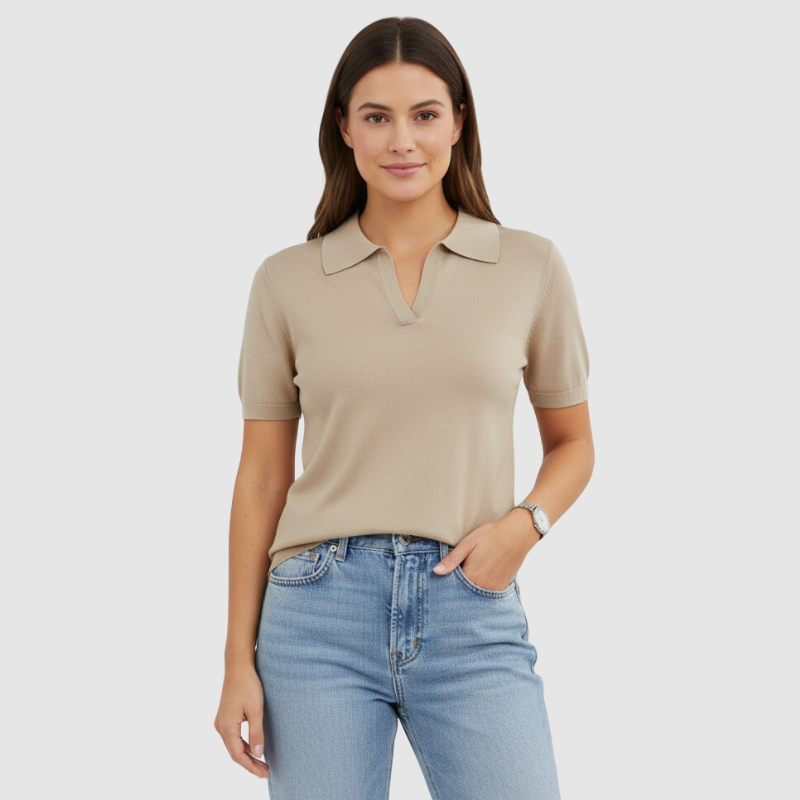Short Sleeve Polo Design Sweater Top For Women - Image 3