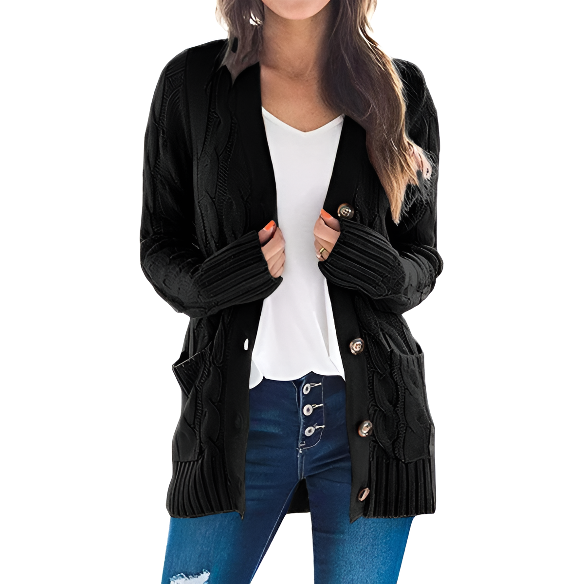 Cable Knit Button Front Open Cardigan - Image 6