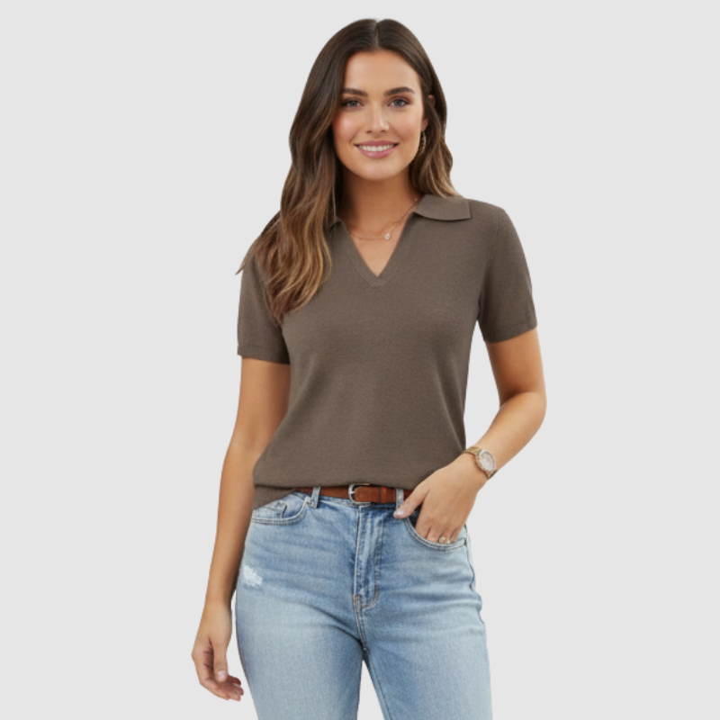 Short Sleeve Polo Design Sweater Top For Women - Image 4