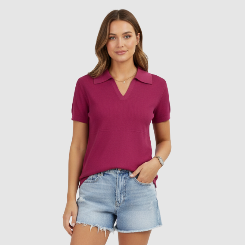 Short Sleeve Polo Design Sweater Top For Women - Image 7