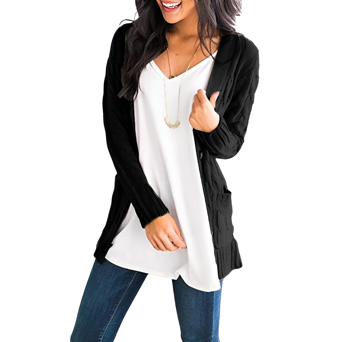 Cable Knit Button Front Open Cardigan - Image 7