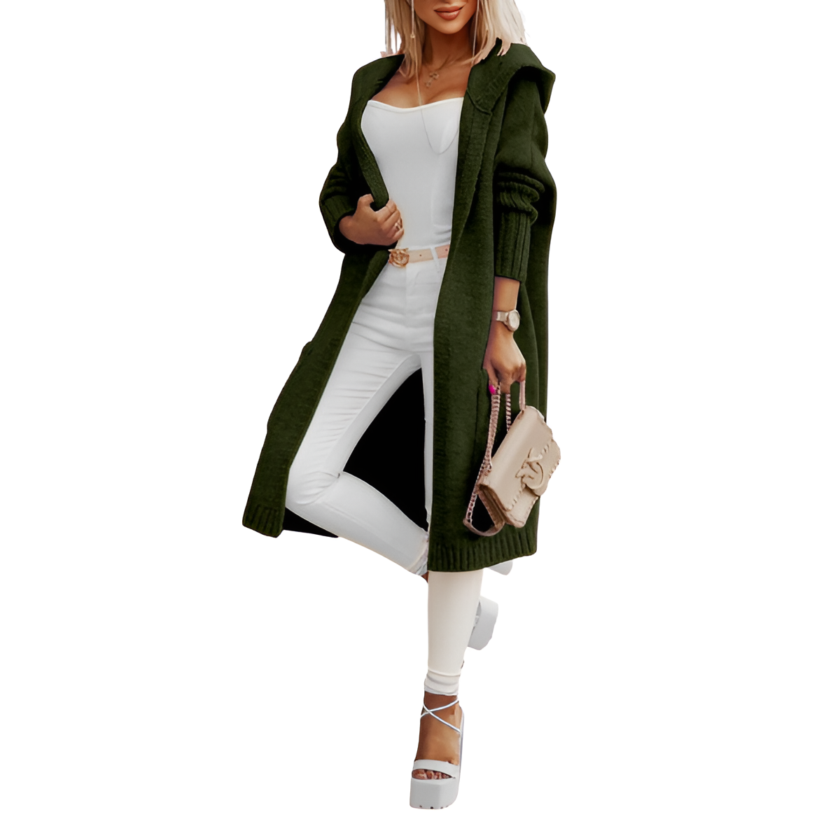 Long Knitted Hooded Cardigan With Open Front For Women - Image 12