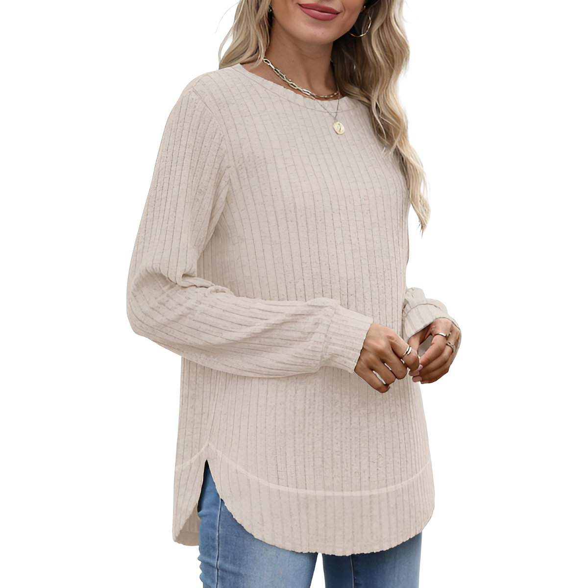 Dressy Long Sleeve Tunic Sweater With Curved Hem And Loose Fit For Women - Image 42