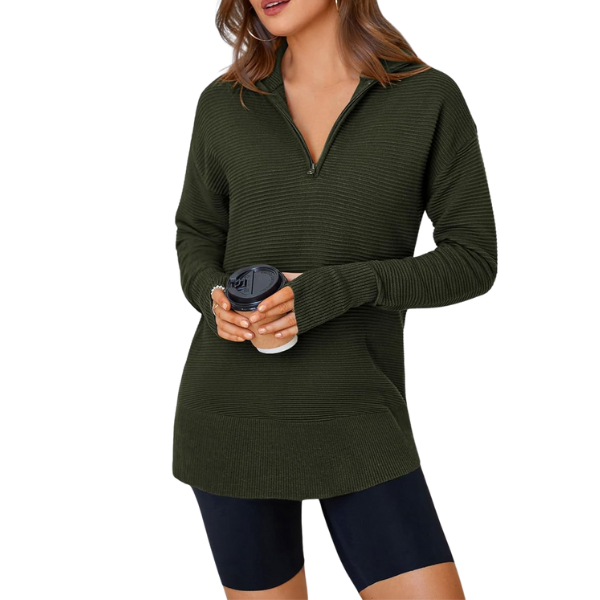 Casual Long Sleeve Quarter Knit Zip Up Sweater Top For Women - Image 15