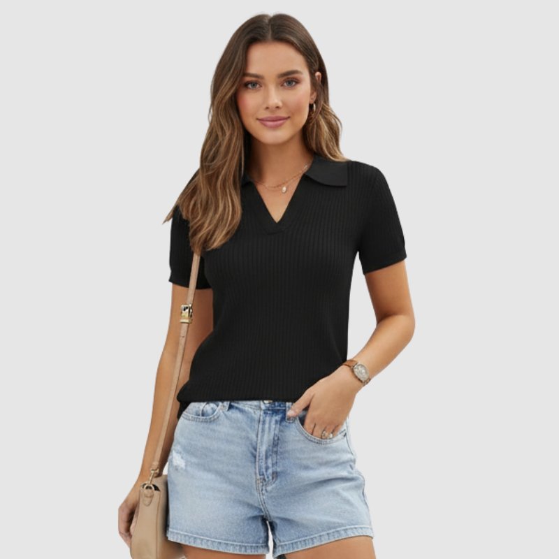Short Sleeve Polo Design Sweater Top For Women - Image 2