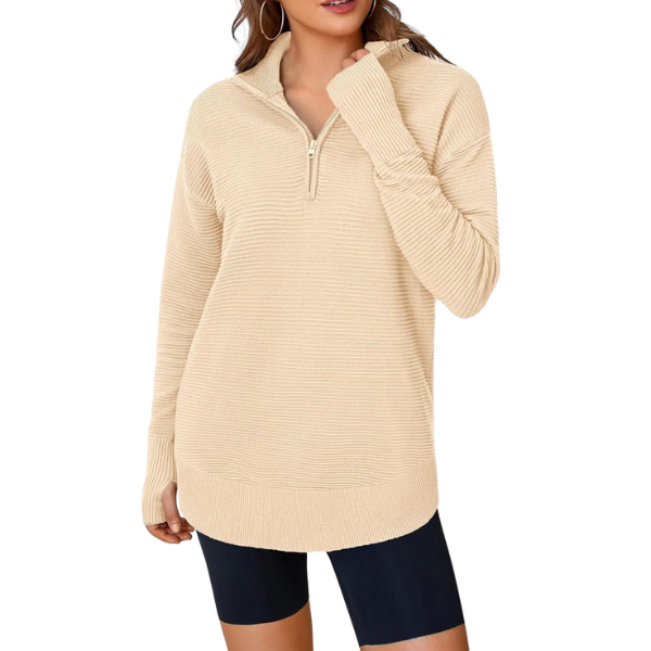 Casual Long Sleeve Quarter Knit Zip Up Sweater Top For Women - Image 22
