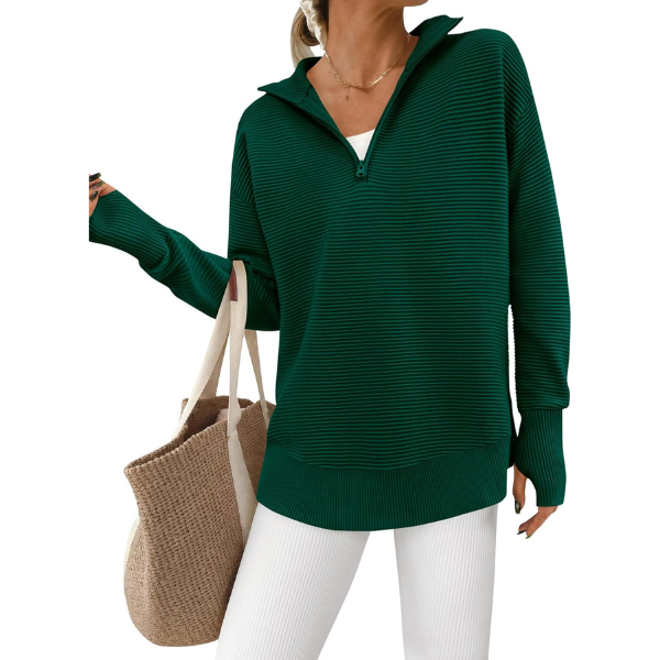 Casual Long Sleeve Quarter Knit Zip Up Sweater Top For Women - Image 29
