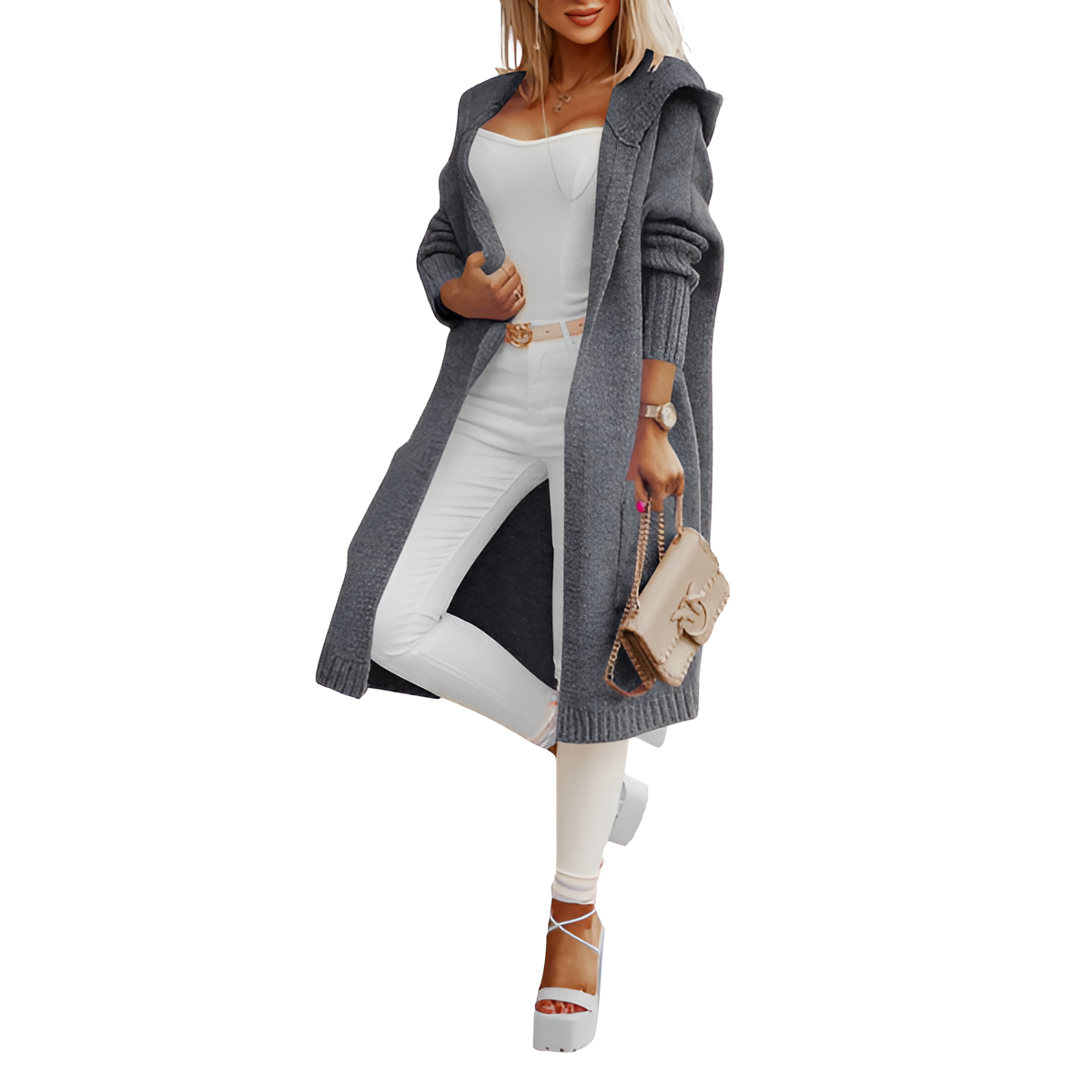 Long Knitted Hooded Cardigan With Open Front For Women - Image 3