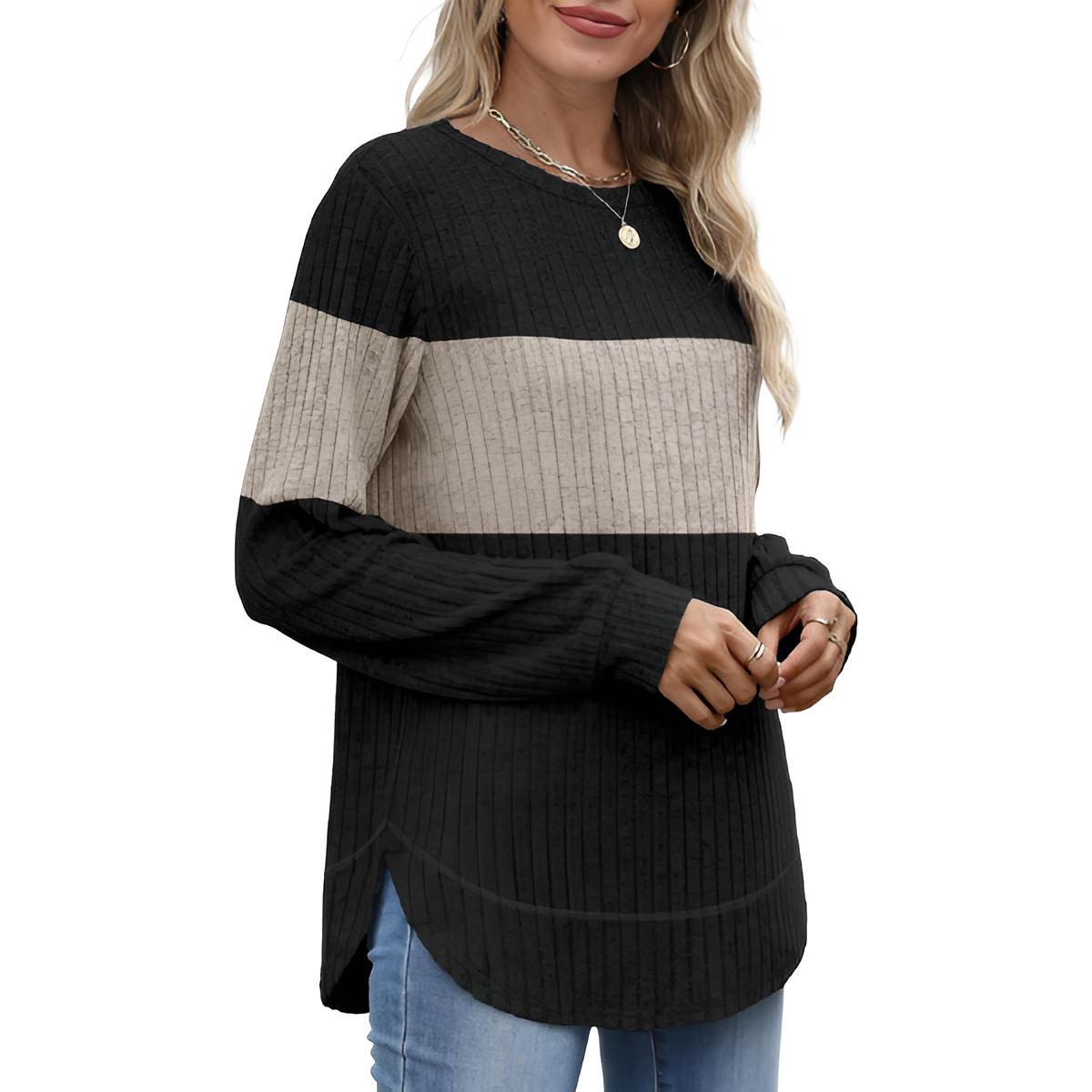 Dressy Long Sleeve Tunic Sweater With Curved Hem And Loose Fit For Women - Image 3