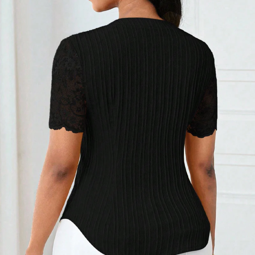 Ribbed Knit Button Down Top With Lace Sleeves - Image 3
