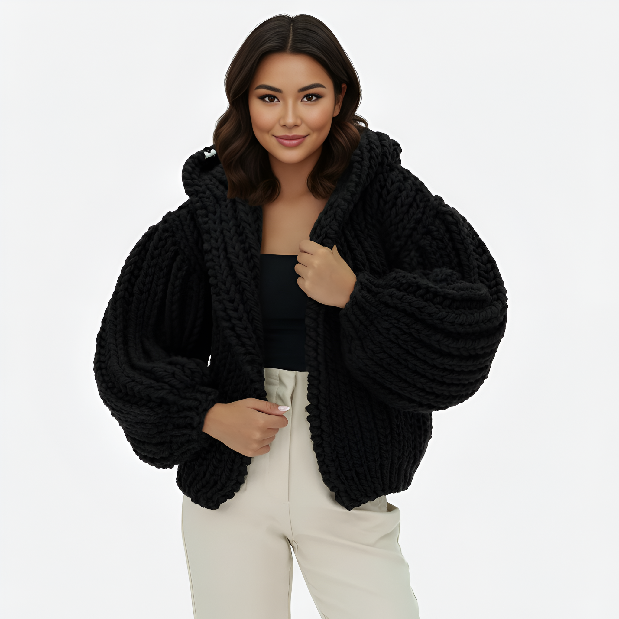 Oversized Cable Knit Hooded Open Front Cardigan For Women - Image 16