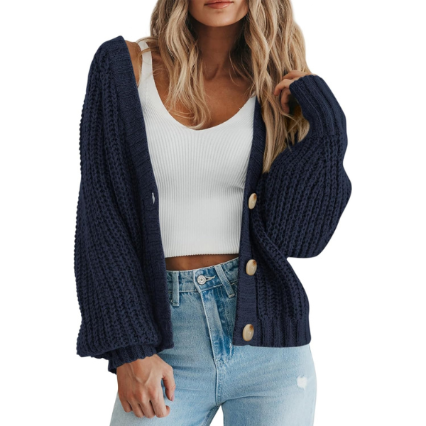 Women's Chunky Knit Open Front Sweater Long Sleeve Button Loose Short Cardigan Outerwear Coats - Image 21