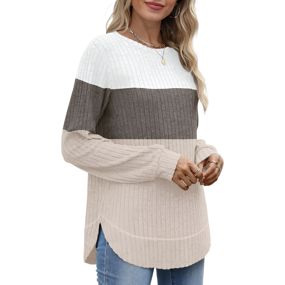 Dressy Long Sleeve Tunic Sweater With Curved Hem And Loose Fit For Women - Image 13