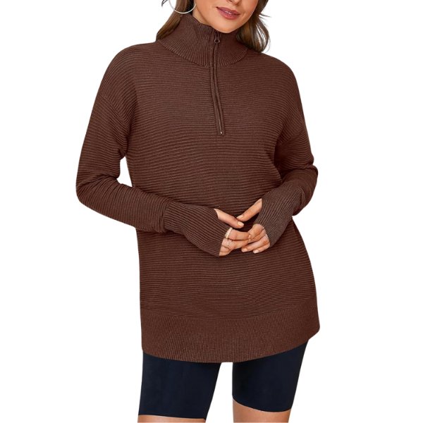 Casual Long Sleeve Quarter Knit Zip Up Sweater Top For Women - Image 33