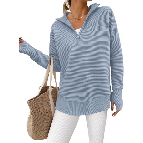 Casual Long Sleeve Quarter Knit Zip Up Sweater Top For Women - Image 39