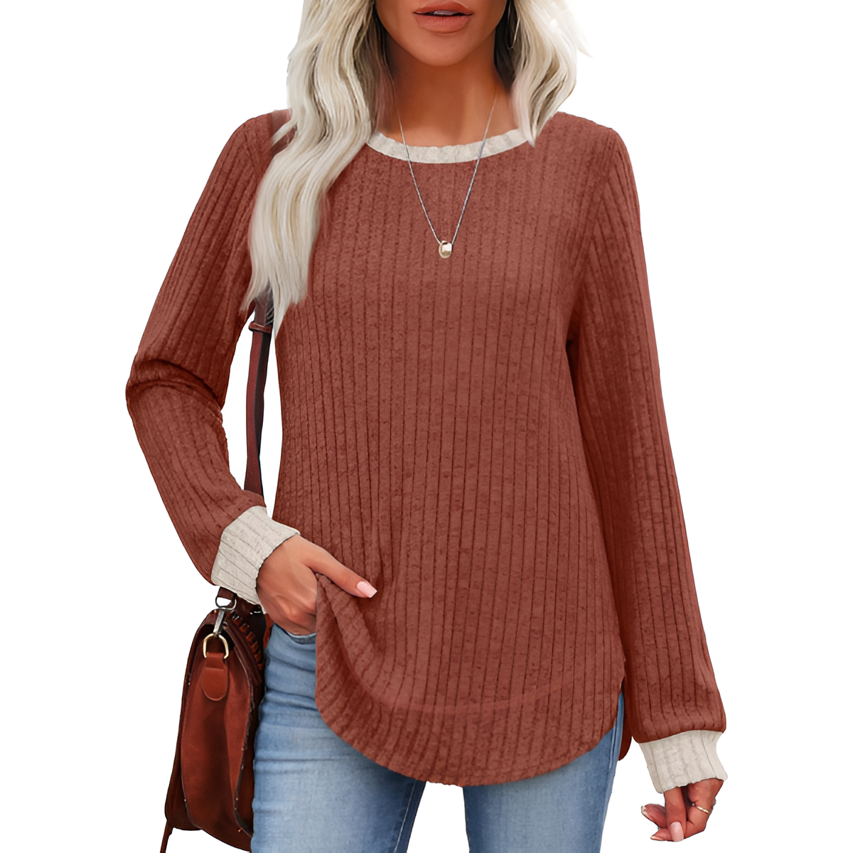 Dressy Long Sleeve Tunic Sweater With Curved Hem And Loose Fit For Women - Image 21