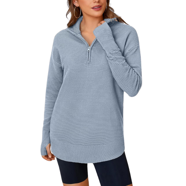 Casual Long Sleeve Quarter Knit Zip Up Sweater Top For Women - Image 38