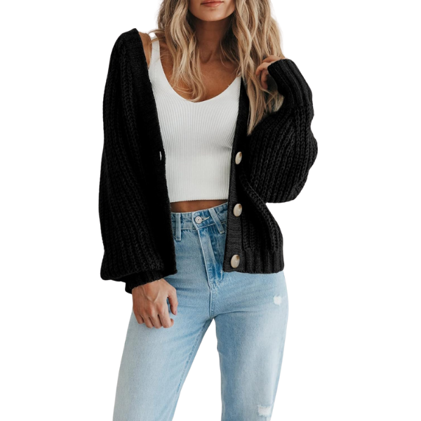 Women's Chunky Knit Open Front Sweater Long Sleeve Button Loose Short Cardigan Outerwear Coats - Image 5