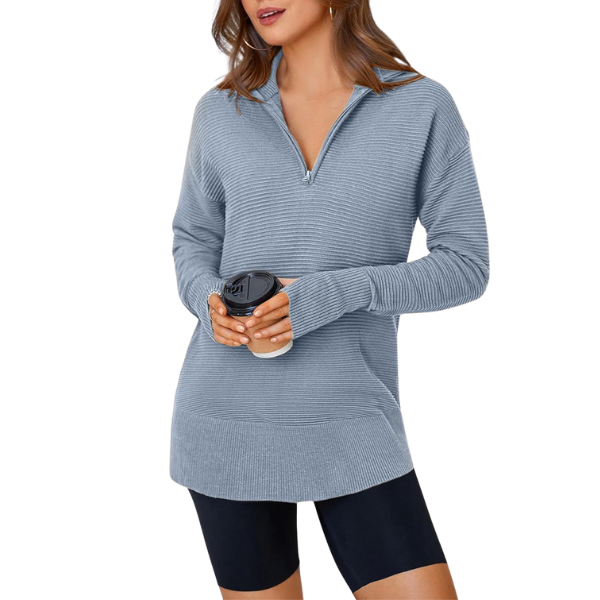 Casual Long Sleeve Quarter Knit Zip Up Sweater Top For Women - Image 40