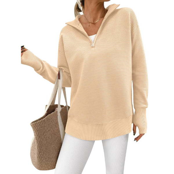 Casual Long Sleeve Quarter Knit Zip Up Sweater Top For Women - Image 50