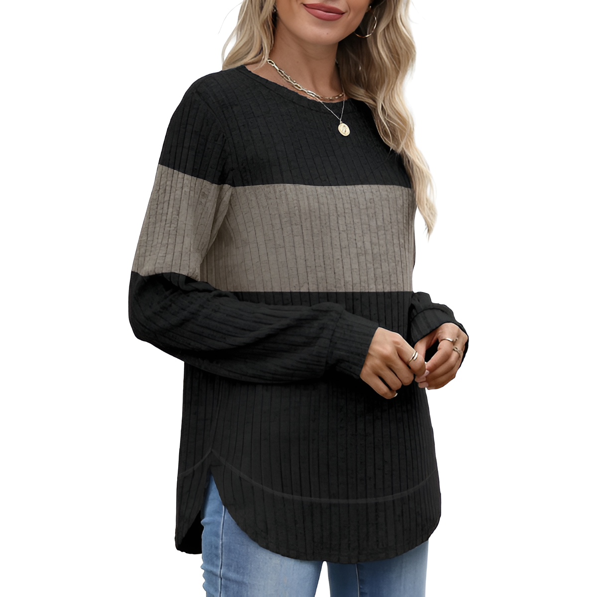 Dressy Long Sleeve Tunic Sweater With Curved Hem And Loose Fit For Women - Image 45