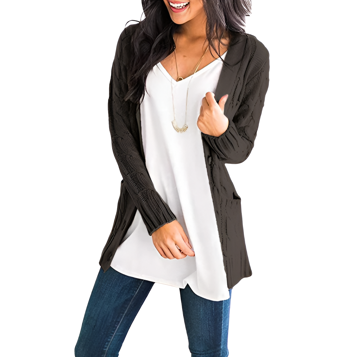 Cable Knit Button Front Open Cardigan - Image 2