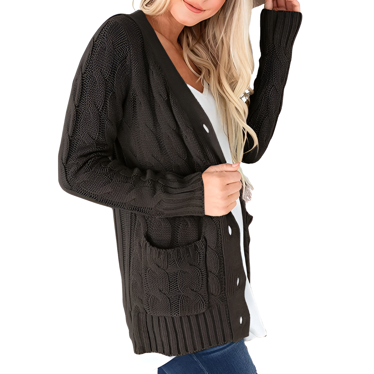 Cable Knit Button Front Open Cardigan - Image 5