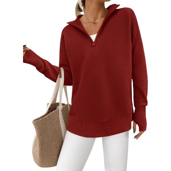 Casual Long Sleeve Quarter Knit Zip Up Sweater Top For Women - Image 44