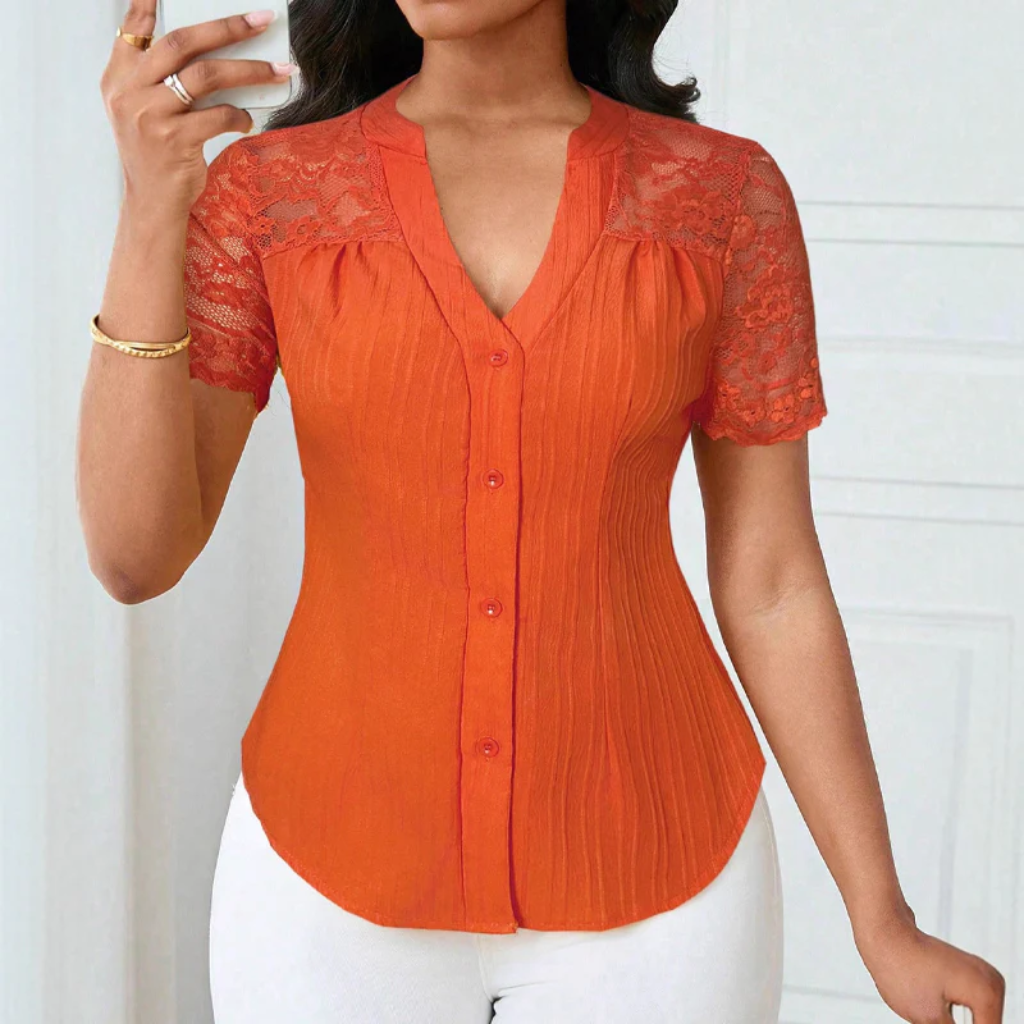 Ribbed Knit Button Down Top With Lace Sleeves - Image 7