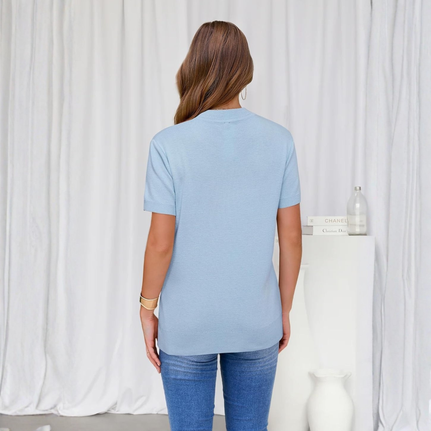Women Lightweight Wool Blend Short Sleeve Sweater Top Business Casual - Image 9