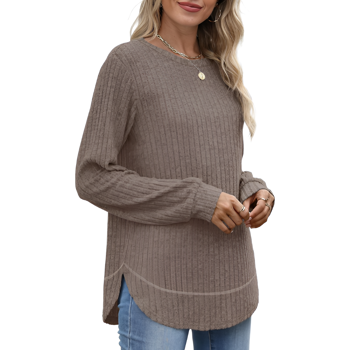 Dressy Long Sleeve Tunic Sweater With Curved Hem And Loose Fit For Women - Image 18