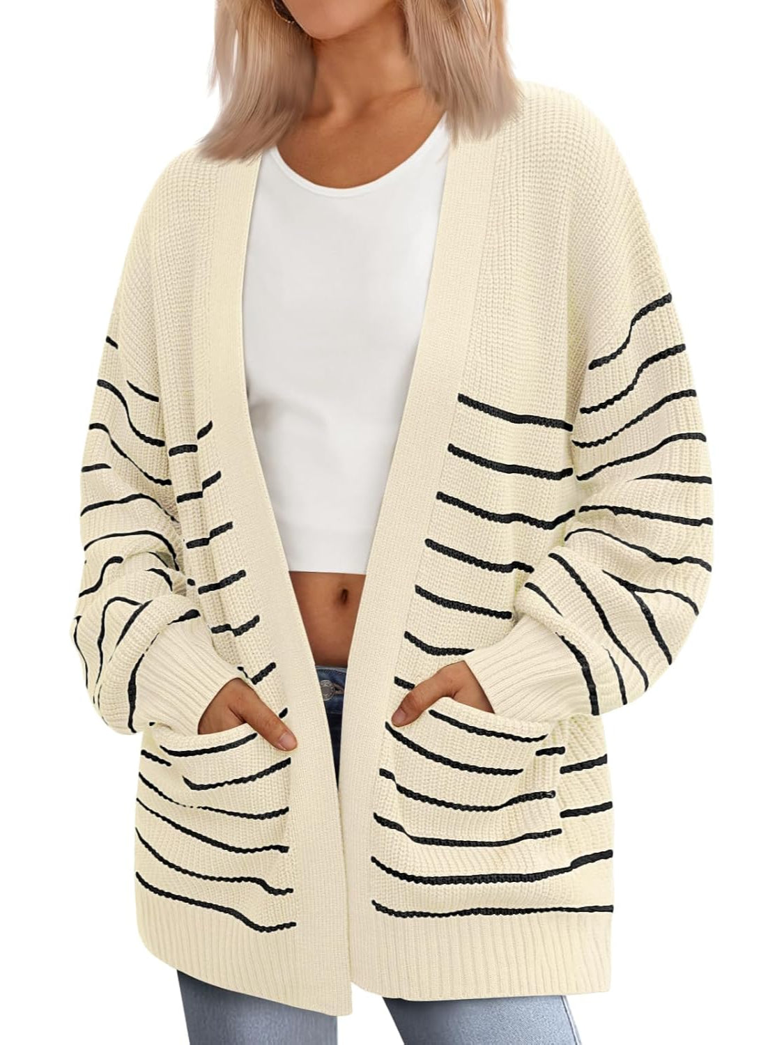 Oversized Striped Knit Cardigan With Pockets - Image 5